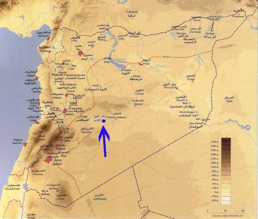 موقع قصر الحير الغربي على خريطة سورية
